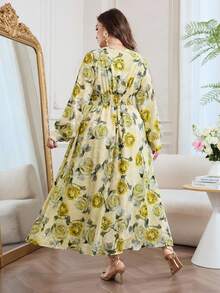 Modelyn 印花V领长袖收腰A字型长连衣裙，大码，春秋季 - 彩色 - 查看 2