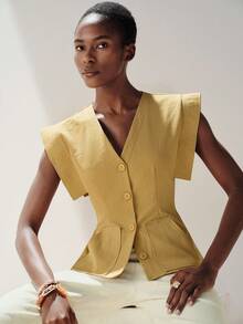 Aveloria Modichic Mustard Yellow Summer Casual Elegant Bissness Sleeveless Top,V-Neck Oversized Shoulder 4 Button Blouse,Fitted Waist Patch Pocket Solid Color Waistcoat - Yellow - View 6