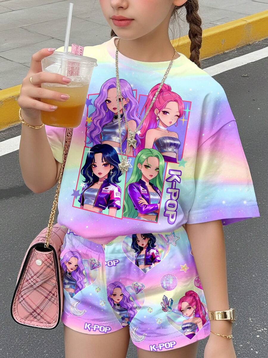 2件套少女休闲时尚街头风多巴胺扎染韩流卡通印花圆领短袖T恤和短裤,适合春夏穿着 - 彩色 - 查看 1