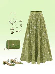 Ellevyn Elegant Romantic Sequin Embellished Skirt - Green - View 1