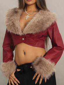 Rayane Ketlyn Women's Colorblock Burgundy PU Crop Jacket With Fuzzy Detail, V Neck, And Regular Long Sleeves Crop Top Jacket Leather Crop Top Red Leather Jacket Fur Top - Burgundy - View 3