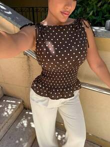 Maria Perezxox 女士优雅波尔卡圆点肩带蝴蝶结腰带抽绳无袖上衣，适合日常休闲穿着 - 咖啡棕 - 查看 4