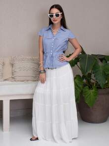 Duda Rubert 休闲风格收腰前开连帽短袖衬衫 - 藍白色 - 查看 1