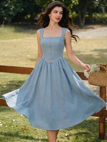 Vintamour 复古优雅女士连衣裙，带口袋、纽扣装饰、方领、吊带，休闲度假连衣裙，夏季女装，夏季服装，夏季女装，春季服装，春季女装，春季连衣裙，女士节日服装，节日连衣裙，优雅派对连衣裙，优雅派对连衣裙，婚礼宾客连衣裙，毕业礼服，优雅女装，度假连衣裙 - 藍色 - 查看 8