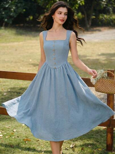 Vintamour Vintage Elegant Women's Dress With Pockets, Button Decor Square Collar Spaghetti Strap, Casual Holiday Dress