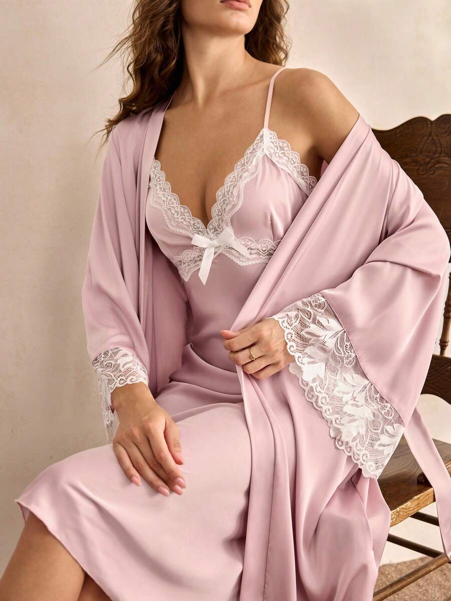 Charlaine 女士撞色蕾丝睡衣套装，简约时尚家居服，适合日常穿着，秋冬服装 - 淺粉色 - 查看 1