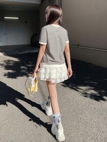 FRIFUL Women's Striped Round Neck Short Sleeve Casual T-Shirt With Button Design At Back - Black - View 4