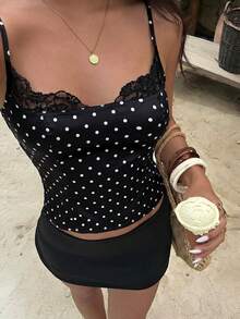 Aloruh 女士性感黑色蕾丝边领黑白波点图案紧身吊带背心 - 黑色 - 查看 8