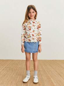 SHEIN 年輕女孩可愛的水洗柔軟牛仔裙褲,舒適休閒 - 淺色水洗藍 - 查看 4