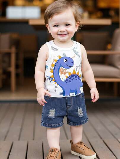 2pcs Baby Boy Outfit, Cute Casual Dinosaur Print Vest Top And Shorts Set, Suitable For Summer Outings