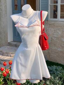 Comfortcana Đầm ngắn nữ mùa Xuân/Hè mới, 100% cotton, cổ yếm, thêu hoa sóng, thích hợp cho mùa Đông, Lễ Phục Sinh, Tiệc tùng, Đi biển, Đám cưới, Lễ tốt nghiệp, Thanh lịch, Thường ngày, Kỳ nghỉ, Thể thao, Trang trọng, Phong cách Y2K, Công sở, Đính sequin, Tua rua, Bèo nhún, Hoa, Họa tiết đồ họa. - trắng - Xem 4