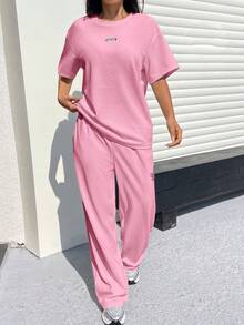 Muchica Light Pink Textured Casual Loose T-Shirt And Pants Set For Women - Baby Pink - View 5