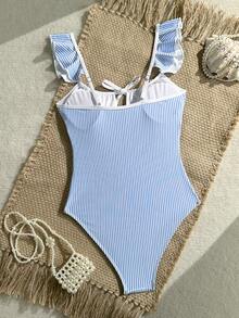 Swim Mod Áo tắm liền thân gợi cảm dành cho nữ, cổ vuông, eo bèo nhún, kẻ sọc xanh trắng, thích hợp mặc đi biển mùa hè. - Xanh và trắng - Xem 2