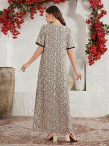 Al Najma 优雅别致的撞色拼接阿拉伯女式连衣裙，阿拉伯连衣裙 - 杏色 - 查看 2