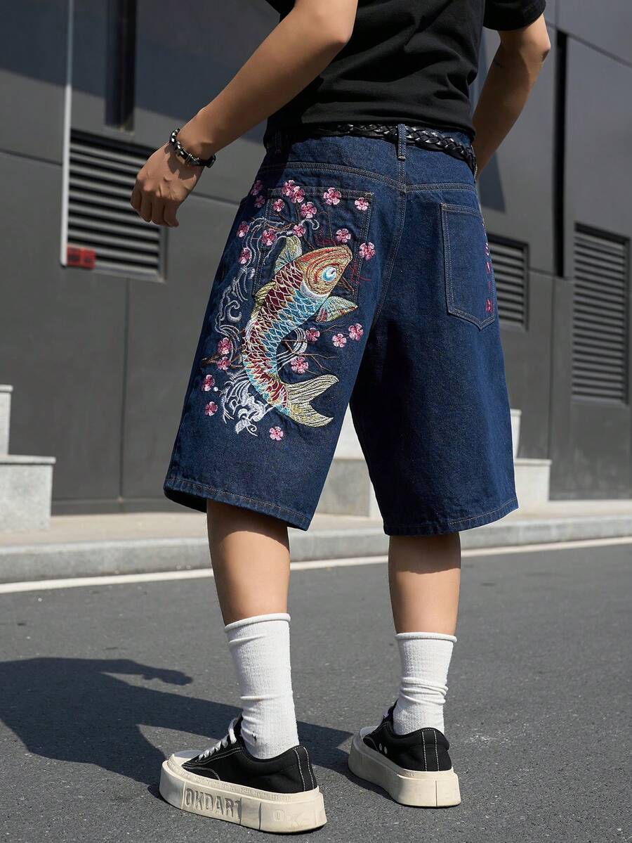 Manfinity EMRG Men's Casual Street Style Embroidered Blue Wide Leg Denim Shorts - Dark Wash - View 1