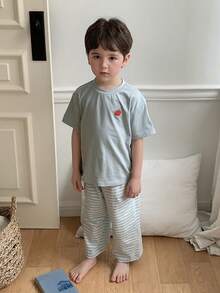 DAZY 男童条纹短袖上衣和裤子睡衣套装 - 藍色 - 查看 3