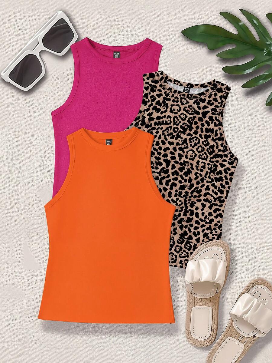 SHEIN LUNE Áo thun không tay cổ tròn cỡ lớn, kiểu dáng tối giản, họa tiết da báo, thích hợp mặc hàng ngày. - Nhiều màu - Xem 1