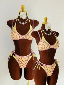 Swim Vcay Bộ bikini 2 mảnh Swim Mod mới về dành cho nữ, kiểu dáng thanh lịch, gợi cảm, phong cách Boho dễ thương, nền vàng phối họa tiết hoa đỏ và viền kẻ caro hồng, áo tam giác và quần buộc dây bên hông - Đồ bơi phong cách Cottagecore ngọt ngào - Dây buộc điều chỉnh tôn dáng, mang đến cảm giác mùa hè biển cả - Hoàn hảo cho kỳ nghỉ hè trên bãi biển, tiệc bể bơi, lễ hội âm nhạc, đám cưới, trang phục nghỉ lễ mùa xuân, trang phục nghỉ dưỡng, kỳ nghỉ nhiệt đới. - Màu vàng - Xem 3