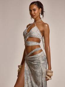 MUSERA 吊带褶皱镂空系带露背上衣套装（仅上衣）可爱春夏性感外出海滩度假蜜糖潮汐 - 彩色 - 查看 3