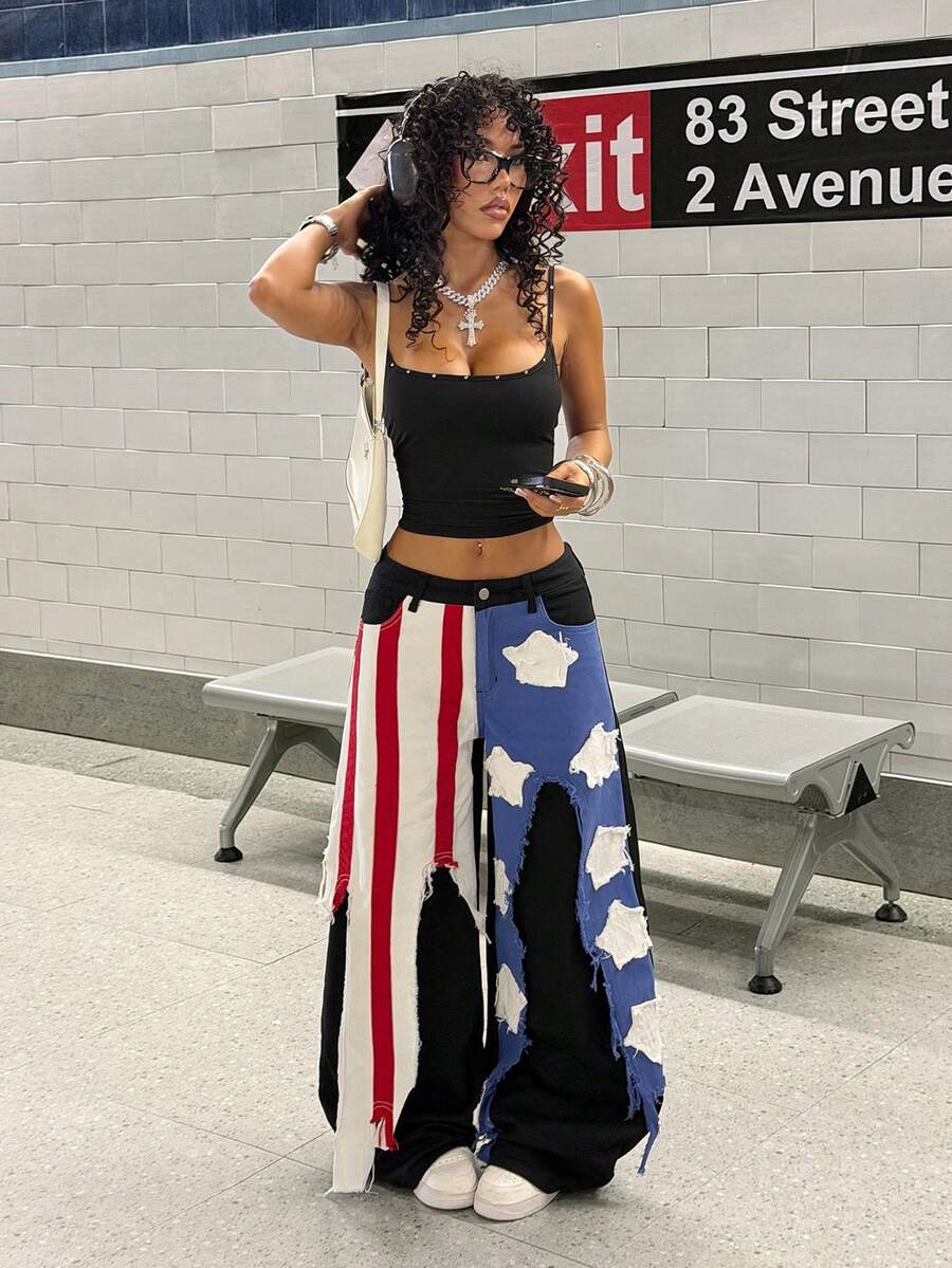 StreetHx 女士宽松阔腿休闲牛仔裤，饰有美国国旗图案 - 黑色 - 查看 1