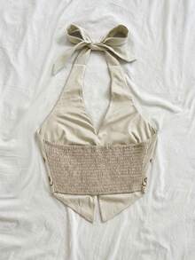 Soleia 杏色底黑色花卉刺绣露背吊带短款背心，蝴蝶结系带，适合音乐节穿着 - 棕色 - 查看 2