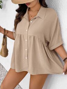 SHEIN Frenchy Women Plus Size Khaki Summer Boho Vacation Holiday Front Open Textured Short Sleeve Blouse,Comfortable Casual Spring Elegant Tops - Camel - View 3