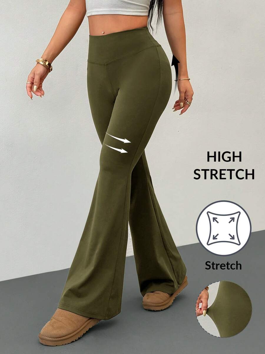 SHEIN PETITE 女士高腰弹力瑜伽裤，塑身健身紧身裤 - 軍綠色 - 查看 1