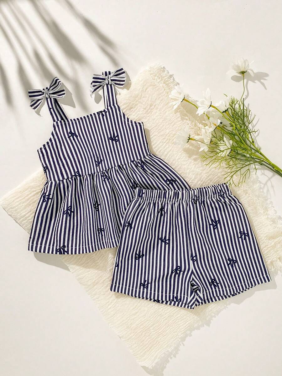 SHEIN 2件套女婴幼儿/新生儿0-3岁休闲日常可爱度假条纹蝴蝶结装饰吊带背心+短裤套装,春夏款 - 黑色 - 查看 1