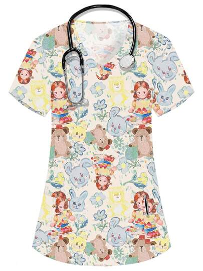 PopScrub Áo sơ mi nữ tay ngắn cổ chữ V màu trắng in hình bé gái, thỏ và gấu dễ thương, phù hợp cho y tá, bác sĩ, bác sĩ thú y, chuyên gia dinh dưỡng, áo khoác phòng thí nghiệm, trang phục công sở nhiều túi tiện dụng, đáng yêu.
