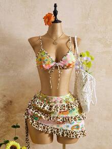 Bellisia 26SS 春夏度假浪漫黄色豹纹佩斯利拼接三件套泳衣套装（含蛋糕裙） - 彩色 - 查看 1