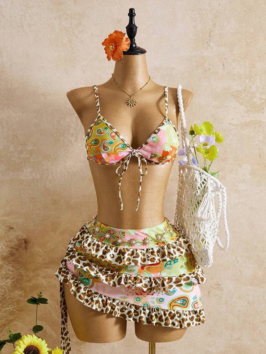 Bellisia 26SS 春夏度假浪漫黄色豹纹佩斯利拼接三件套泳衣套装（含蛋糕裙） - 彩色 - 查看 1