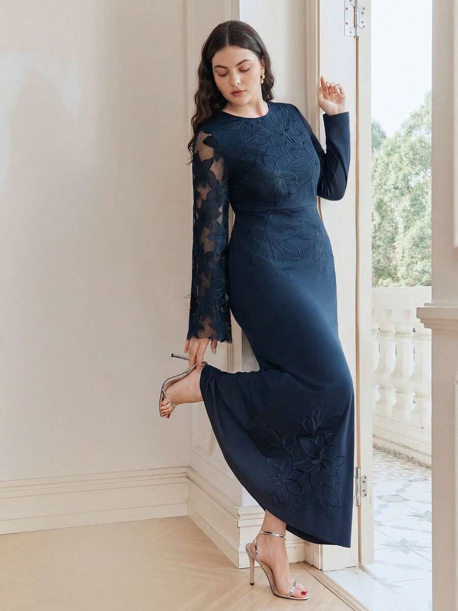 Anewsta Đầm dài tay thêu họa tiết mới dành cho nữ cỡ lớn, mùa xuân/hè, màu xanh ngọc bích. - Xanh đậm - Xem 1