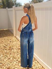 Sydney Algeri Celana Bib Denim Longgar Kasual Wanita - Pencucian Sedang - View 2