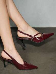 秋冬女士红色尖头高跟鞋、高跟凉鞋、猫跟鞋、婚鞋、正装鞋、交叉绑带露跟高跟凉鞋，优雅派对鞋 - 酒紅色 - 查看 2
