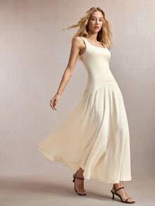 BizChic Summer New Buttercup Yellow Square Neck Wrinkle-Resistant Satin Patchwork Dress, Modern Elegant Office Commute - Beige - View 7