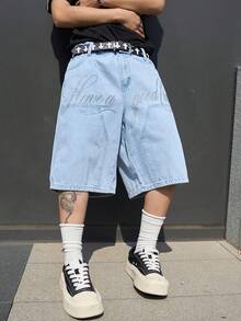 Manfinity EMRG Men's Casual Street Style Embroidered Blue Denim Shorts - Light Wash - View 1