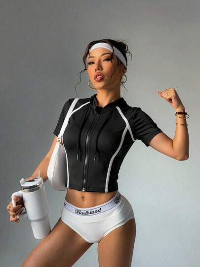 Dewbera Sports Stylish Short Sleeve Jacket, Splicing Patchwork Full Zip Hoodie Tight Fit Top