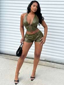 Alexandranx 女士纯色露背修身PU皮上衣，休闲假日款 - 軍綠色 - 查看 5