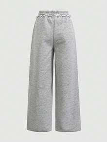 SHEIN Tween Girls' Loose Casual Minimalist Comfortable Mid-Waist Contrast Color Drawstring Decor Sweatpants, Autumn/Winter Fall - Grey - View 2