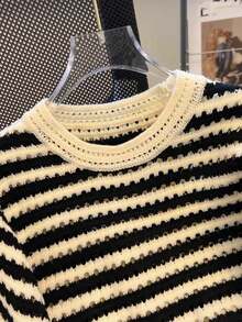 Franclia Áo len ngắn tay cổ tròn kẻ sọc dáng croptop mới cho nữ (Họa tiết kẻ sọc ngẫu nhiên) Áo len ngắn tay nữ Áo len móc Áo len kẻ sọc Áo len dệt kim - Nhiều màu - Xem 3