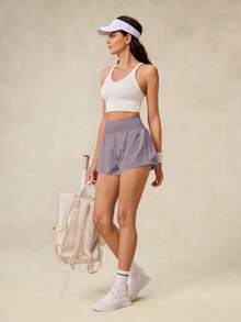 OutZeal 女士健身短裤 纯色春夏运动短裤 透气弹力高腰内置短裤 荷叶边下摆设计 运动下装 - 淺灰紫 - 查看 11