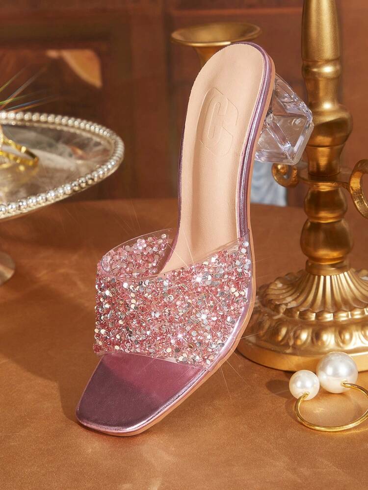 CUCCOO TILAWA Fashionable Transparent Asymmetric Chunky Heel Women's Glass Rhinestone Sandals, Slip-On Square Toe Glossy Strap High Heel Sandals, Comfortable Heel Type For Party And Daily Wear