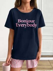 SHEIN Cottnline 2pcs/Set Women's Pure Cotton Printed Shorts And Slogan Print Top Loungewear Pajama Set - Navy Blue - View 5