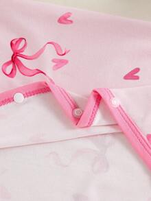 SHEIN Bộ áo liền quần dài tay cổ tròn in nơ dễ thương cho bé gái sơ sinh, chất liệu mềm mại và thoải mái, thích hợp làm trang phục và quà tặng ngày Valentine. - Hồng - Xem 6
