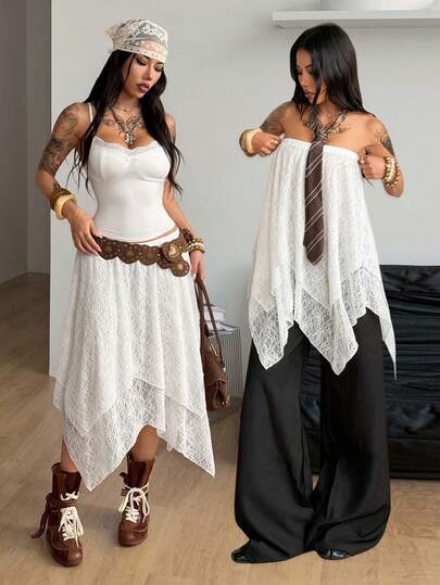 Coolane Women's Spring/Summer Streetwear Back To School Y2K Chic Lace Stretchy Comfortable White Skirts