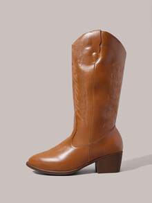 Styleloop 女士棕色尖头低跟西部风格靴，套穿式骑马过膝长靴，刺绣V型开口套穿式皮靴，中筒靴，适合音乐节、派对等场合，美式复古风格 - 深棕色 - 查看 3