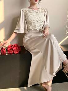 DAZY Đầm dài dáng đuôi cá thanh lịch dành cho nữ, cổ tròn, phối ren và satin. Đầm 2 trong 1. - Màu be - Xem 1
