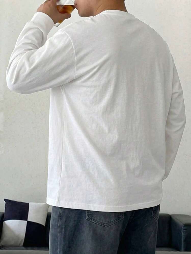 Plus Size Men's Solid White Long Sleeve T-Shirt, Spring
