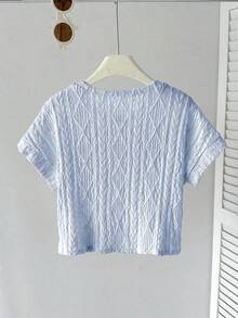 SHEIN Camiseta de niña preadolescente de manga raglán suelta, cuello redondo, texturizada, con bordado y decoración de lazo de cuentas, de color azul claro para primavera/verano - Celeste - Ver 2