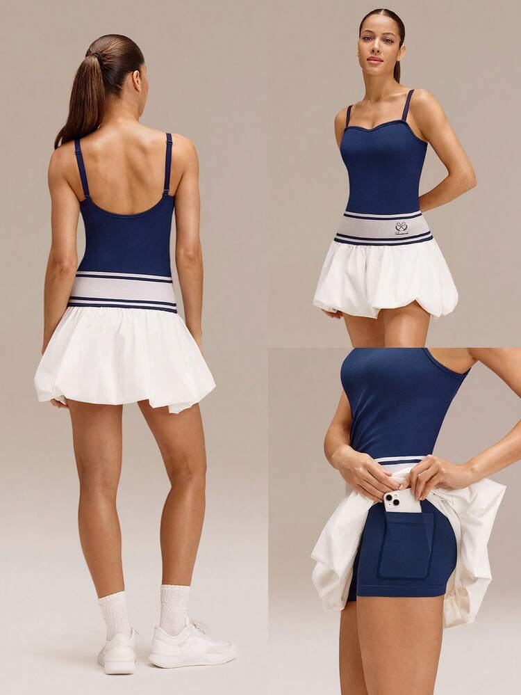 UltraFine Soft Seamless Swing & Glow Breathable Sweat-Wicking Removable Cups Adjustable Straps Built-In Shorts Sweetheart Neckline Low-Rise Waist Bubble Skirt Dress Tennis Golf Pickleball Daily Casual Wear